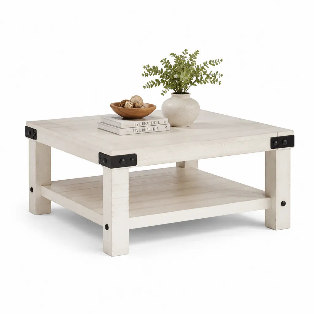 Tavolino da caffe quadrato in legno massello di pino bianco 100 x 100 x 45 cm con ripiano inferiore