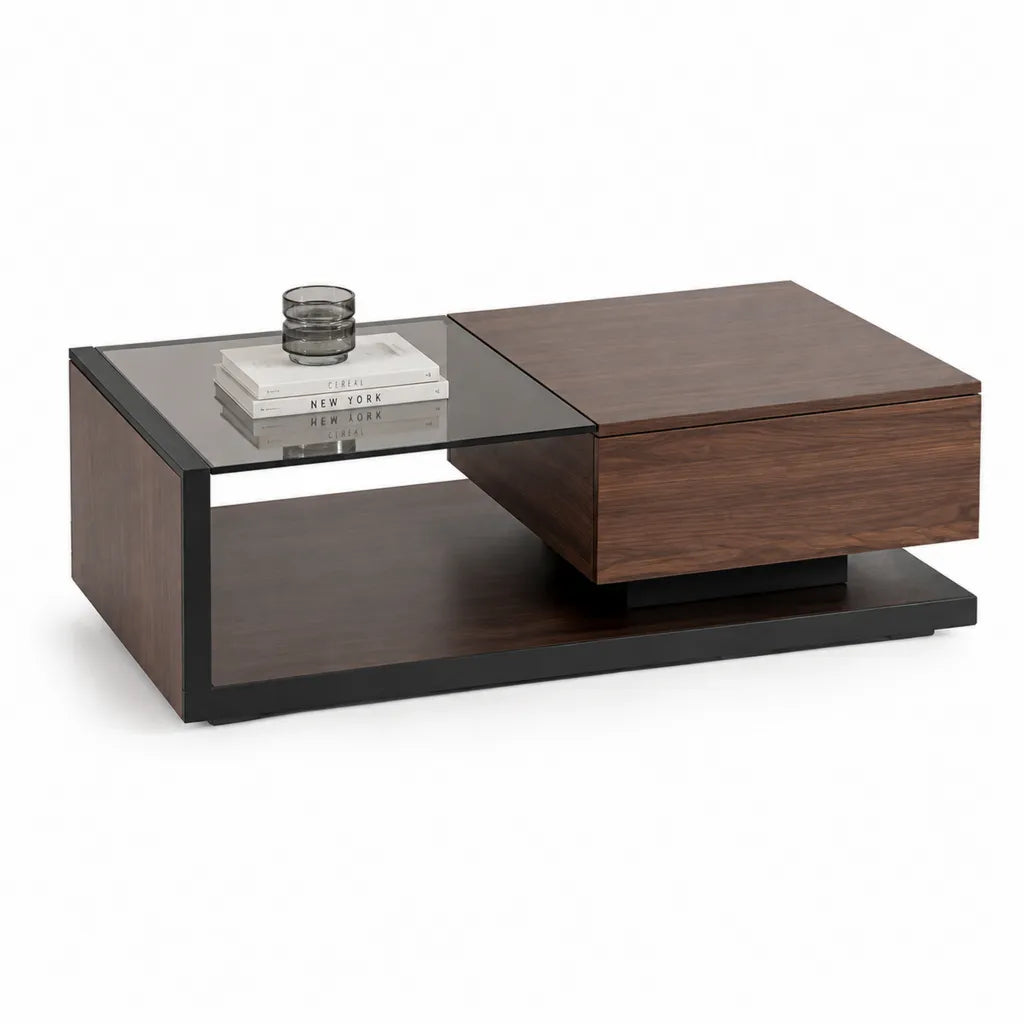 Tavolino da caffe rettangolare con cassetto in MDF impiallacciato noce e vetro fume 120 x 60 x 38 cm marrone nero
