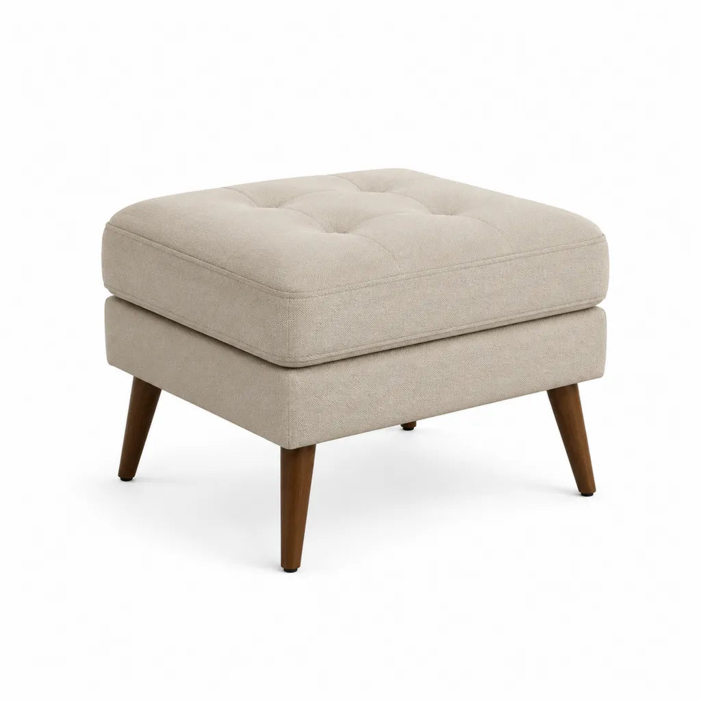 Poggiapiedi imbottito rettangolare in poliestere beige con gambe in legno massello 70 x 55 x 43 cm
