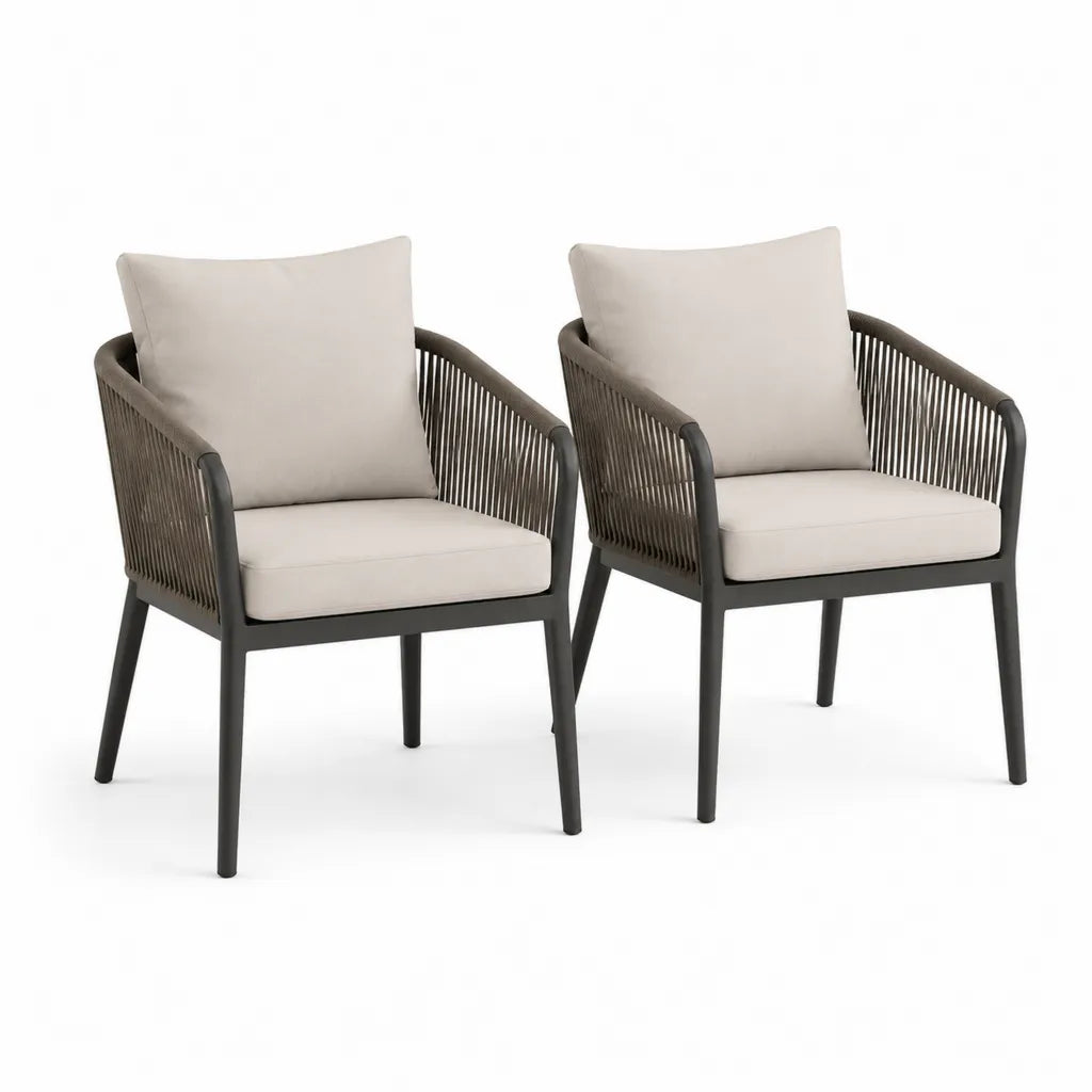 Set 2 sedie da giardino con braccioli in alluminio e corda PE beige 62 x 65 x 82 cm