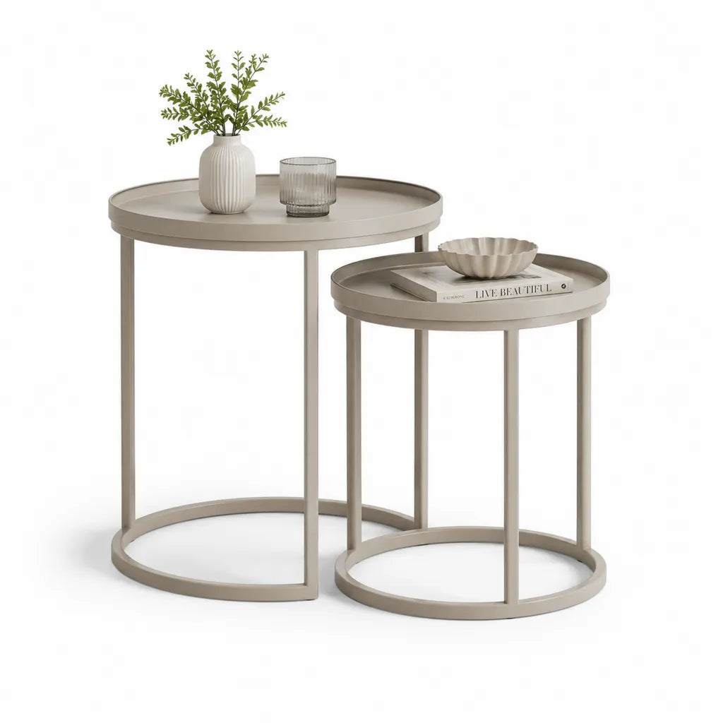 Set 2 Tavolini da Caffe Rotondi con Vassoio 60 x 55 cm e 50 x 45 cm in MDF e Acciaio Beige