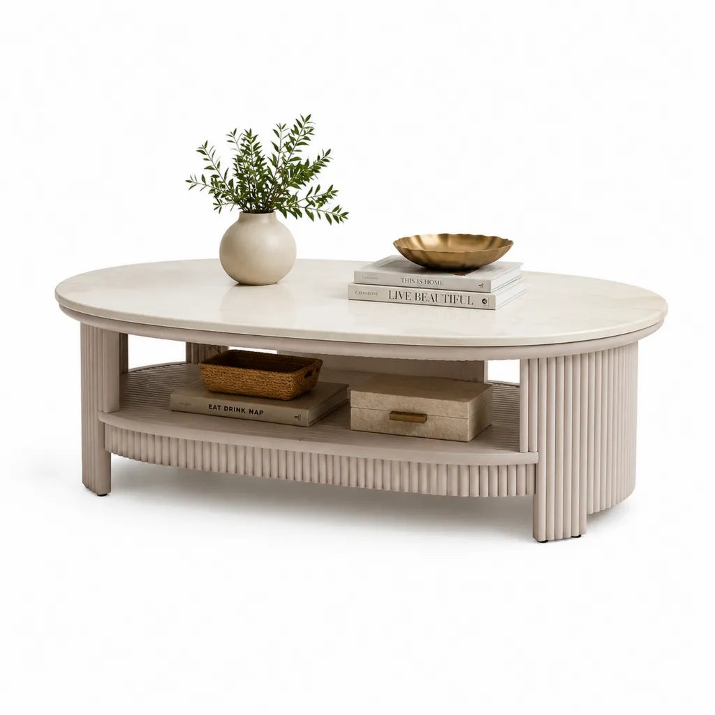 Tavolino da caffe ovale 120 x 60 x 45 cm in MDF beige con ripiano inferiore