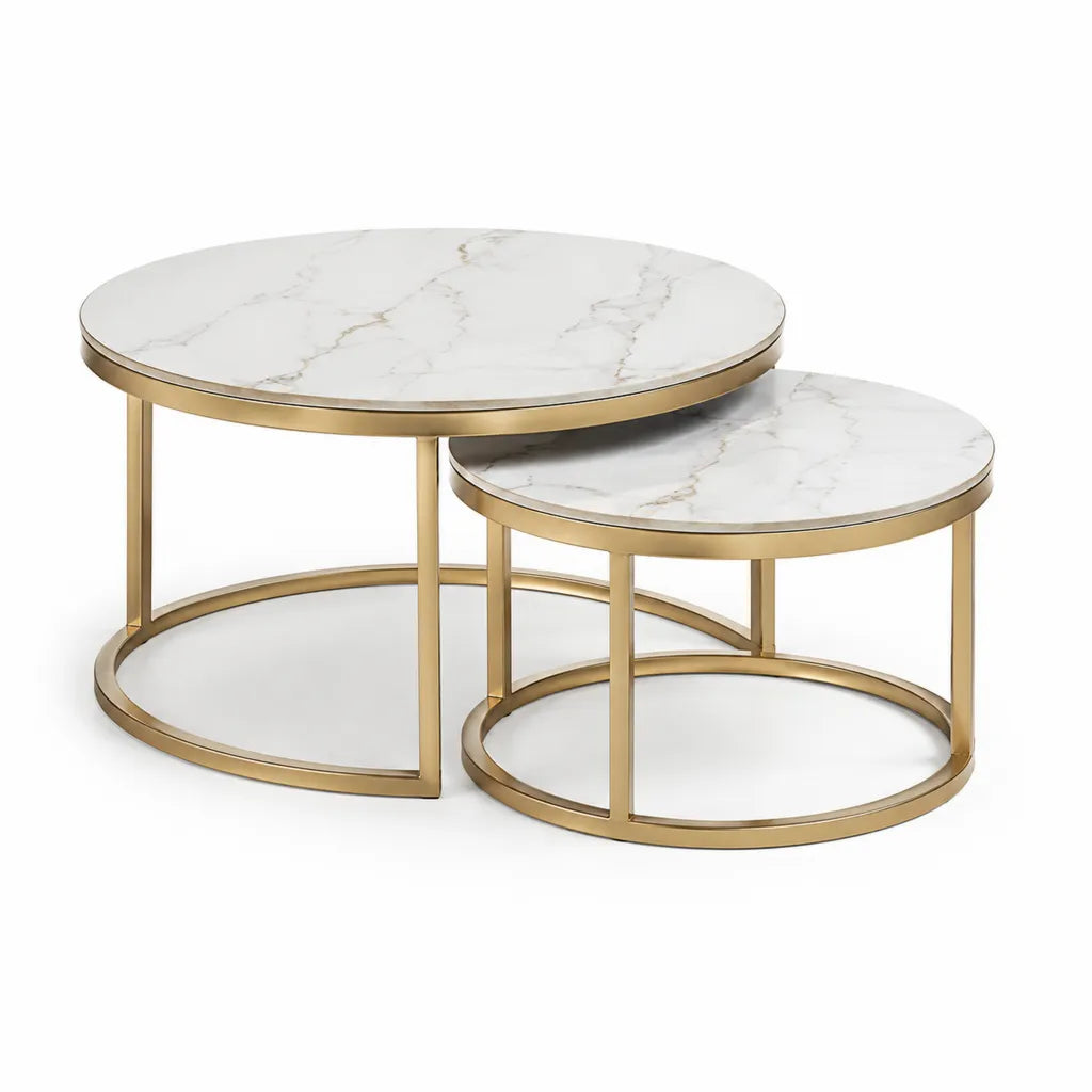Set di 2 tavolini da caffe rotondi in MDF effetto marmo bianco e acciaio oro 80 x 45 cm e 60 x 38 cm