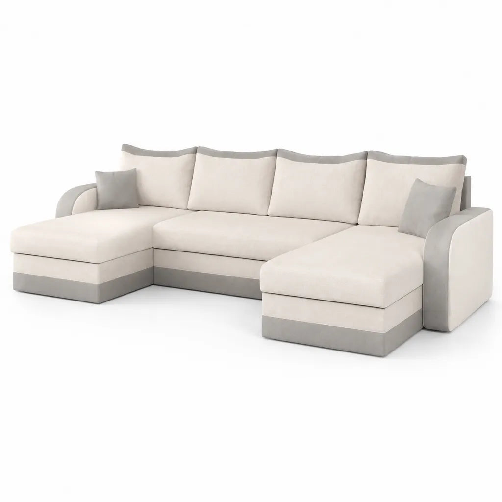 Divano angolare a U 5 posti in poliestere crema e grigio 330 x 170 x 85 cm