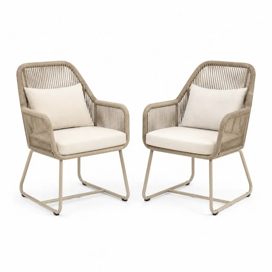 Set 2 Sedie da Giardino con Braccioli in Alluminio e Corda PE Beige 65 x 70 x 85 cm