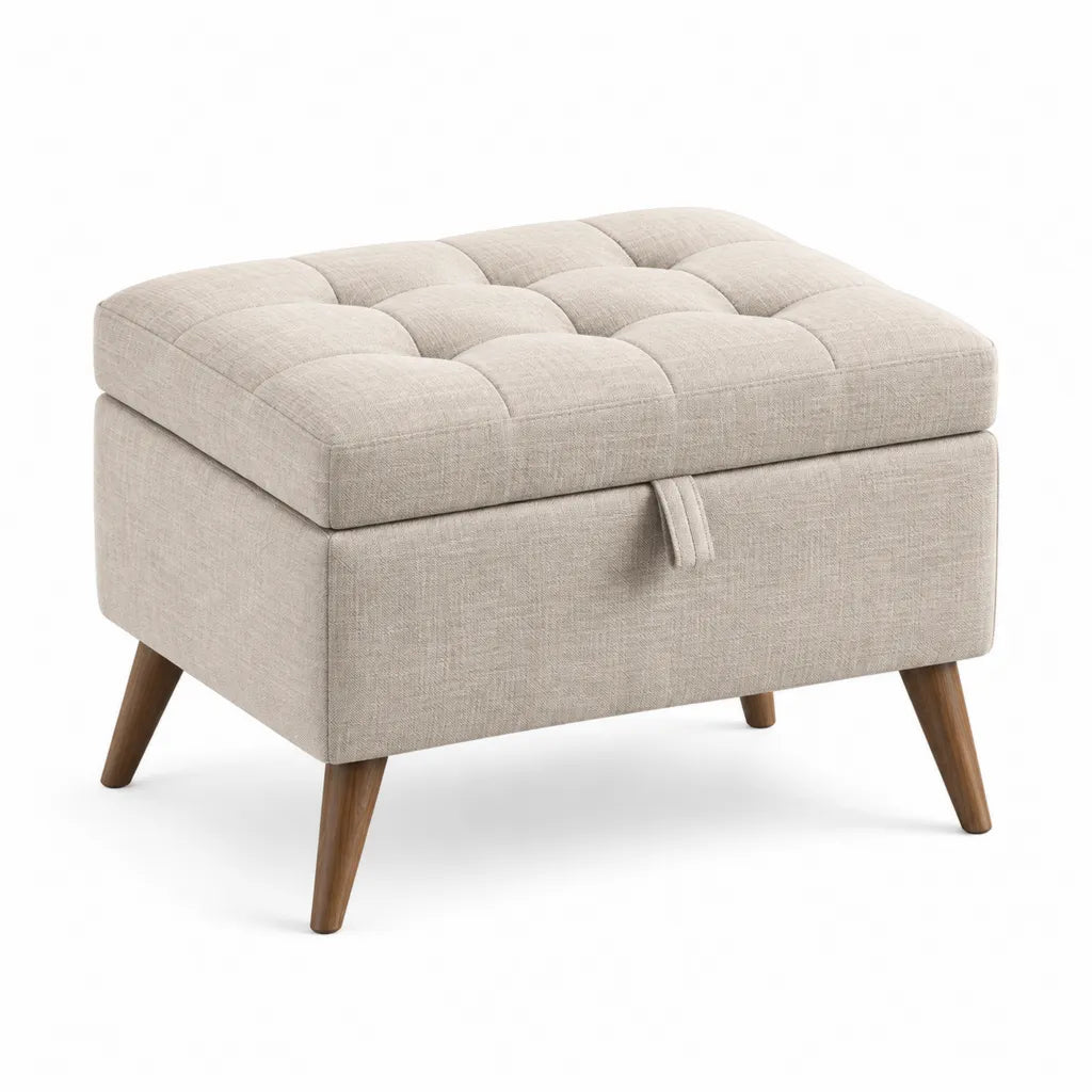 Poggiapiedi contenitore rettangolare 60 x 45 x 45 cm in poliestere beige con gambe in legno massello