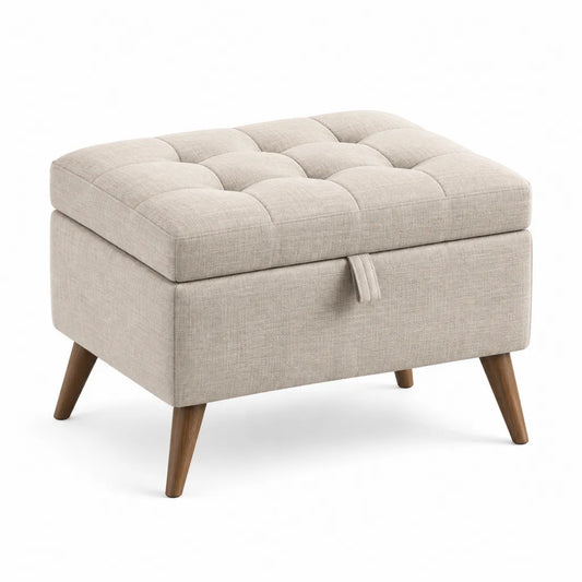 Poggiapiedi contenitore rettangolare 60 x 45 x 45 cm in poliestere beige con gambe in legno massello