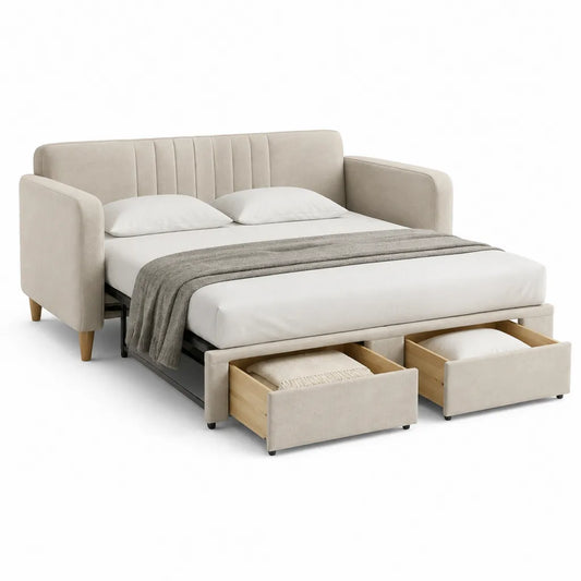 Divano letto matrimoniale estraibile 152 x 203 cm in poliestere beige con 2 cassetti e schienale curvo