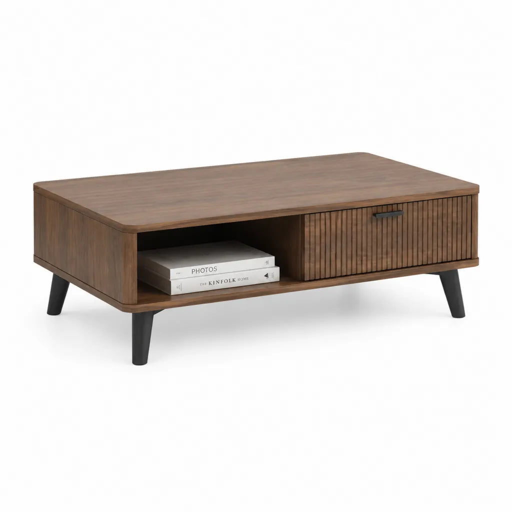Tavolino da caffe rettangolare 100 x 60 x 45 cm in MDF impiallacciato noce con anta scorrevole e gambe nere