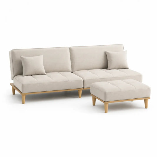 Divano 2 posti con pouf e cuscini in poliestere beige 180 x 85 x 80 cm