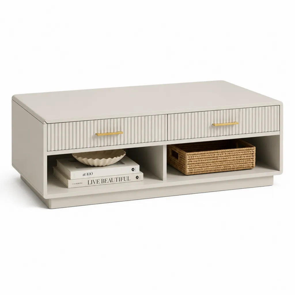Tavolino da caffe rettangolare con 2 cassetti e vani aperti in MDF bianco 100 x 50 x 45 cm