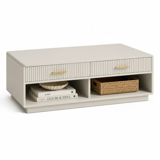 Tavolino da caffe rettangolare con 2 cassetti e vani aperti in MDF bianco 100 x 50 x 45 cm