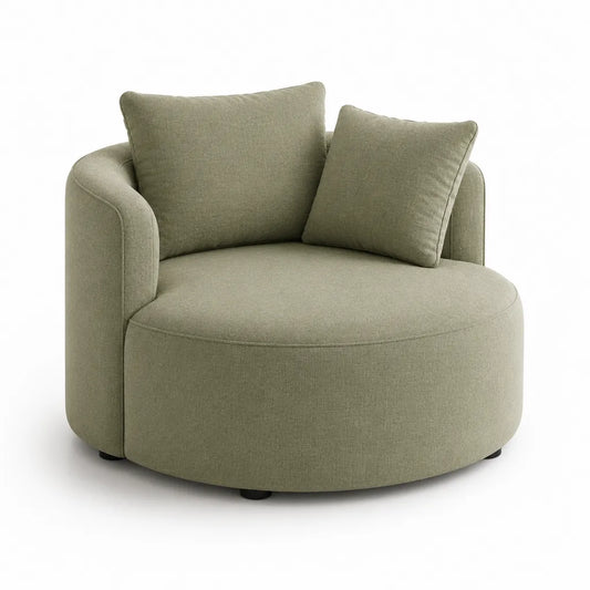 Poltrona rotonda imbottita con 2 cuscini in poliestere verde salvia 110 x 95 x 78 cm