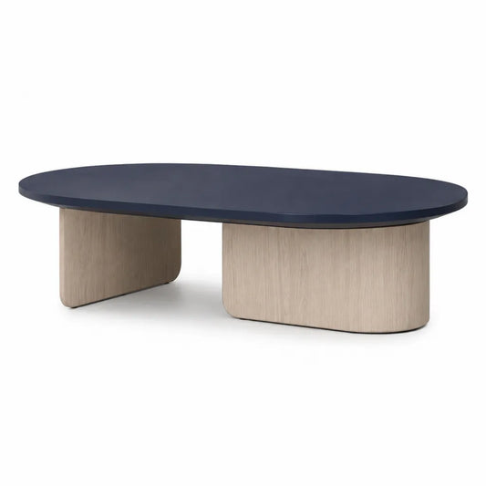 Tavolino da caffe ovale 120 x 60 x 40 cm in MDF blu navy e rovere chiaro