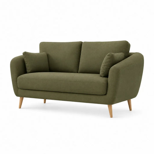 Divano 2 posti in poliestere effetto velluto verde oliva con piedi in legno massello 160 x 85 x 84 cm