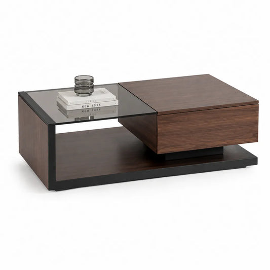 Tavolino da caffe rettangolare con cassetto in MDF impiallacciato noce e vetro fume 120 x 60 x 38 cm marrone nero