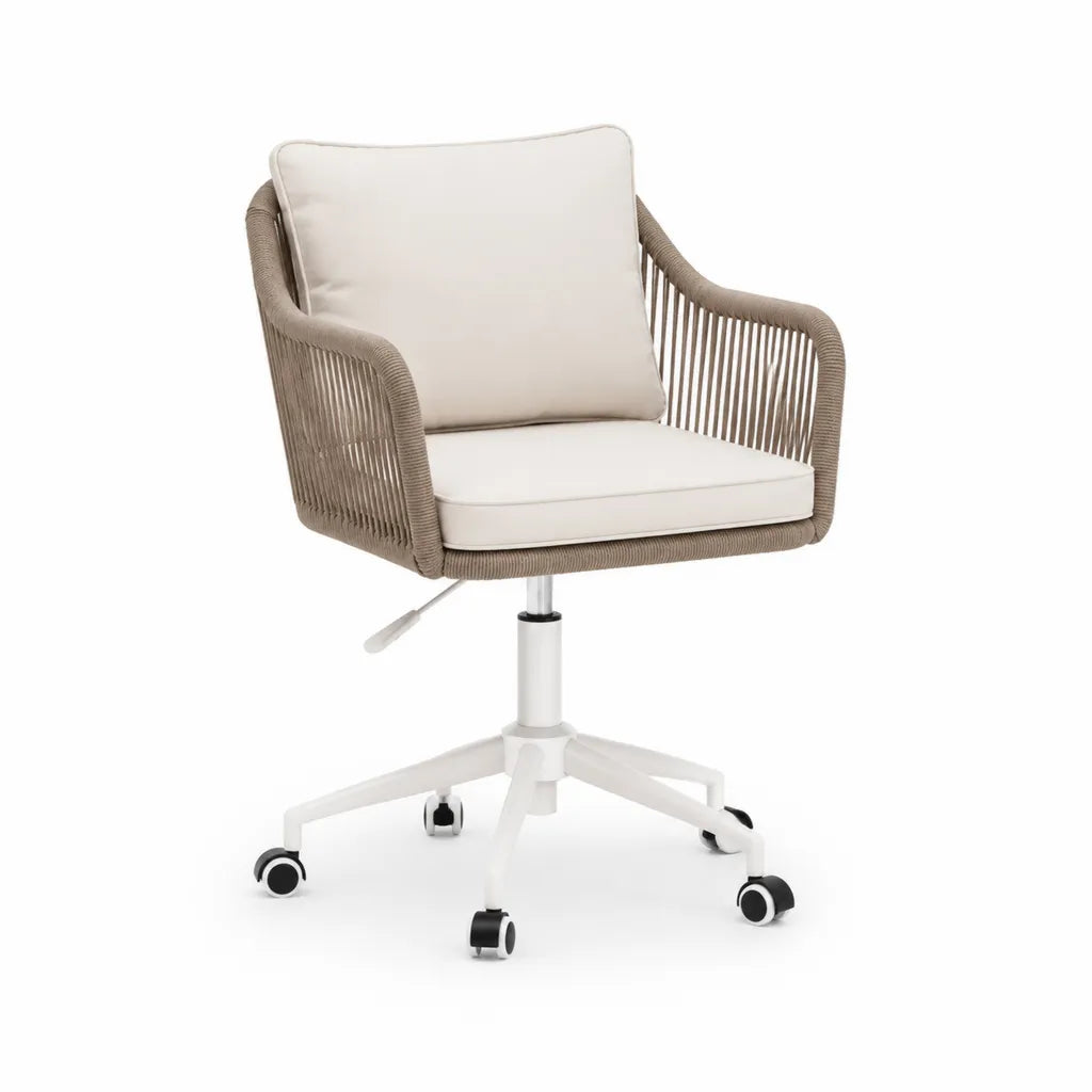 Poltrona da giardino girevole con rotelle e altezza regolabile in corda di polipropilene beige con cuscini crema 64 x 65 x 84-94 cm