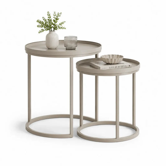 Set 2 Tavolini da Caffe Rotondi con Vassoio 60 x 55 cm e 50 x 45 cm in MDF e Acciaio Beige