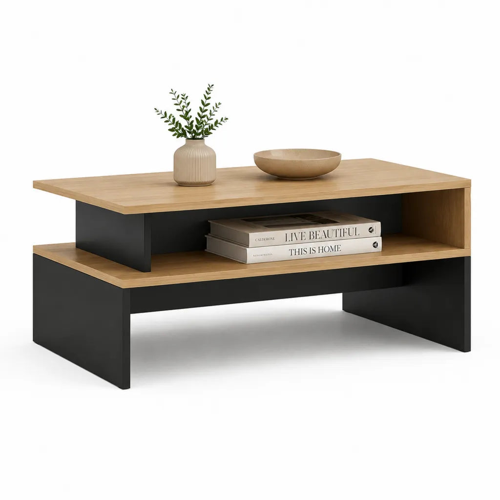 Tavolino da caffe rettangolare con ripiano in truciolare melaminico rovere e nero 100 x 60 x 45 cm